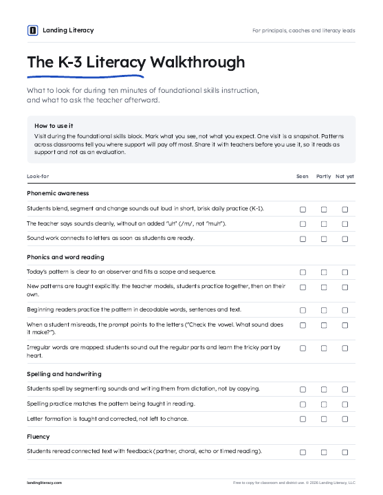 First page of The K-3 Literacy Walkthrough